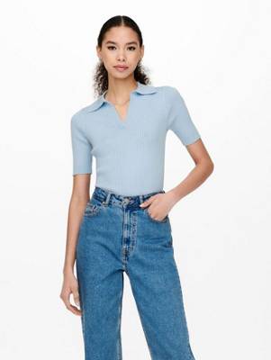 ONLY Geripptes Poloshirt Einfarbiges Kurzarm T-Shirt V-Ausschnitt ONLNIMONE blau