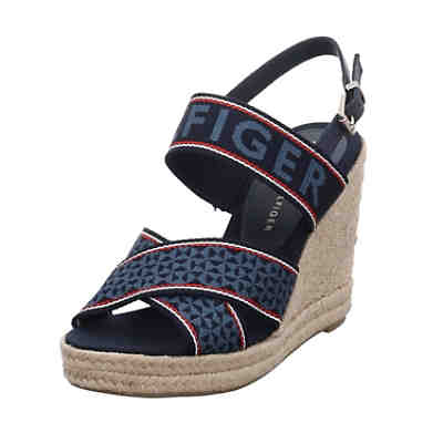 Damen Sandalen Webbing High Wedge Sandalette Fußbett Bequem Freizeit Textil bedruckt Keilsandaletten