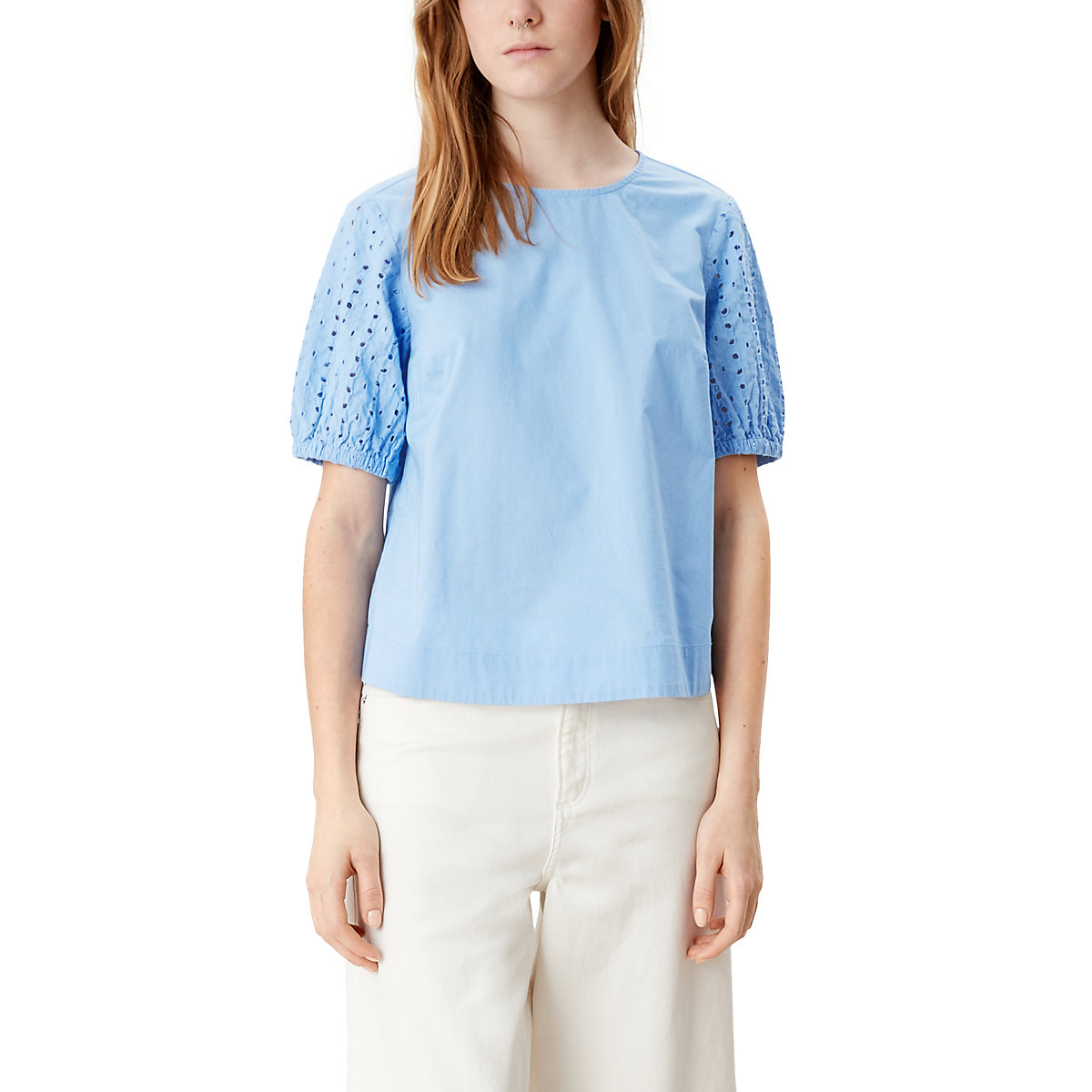 QS by s.Oliver Bluse mit Broderie Anglaise Kurzarmblusen blau
