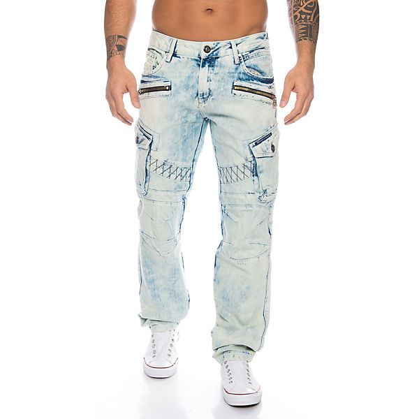 Herren Jeans Hose mit ausgefallener Waschung und aufwendiger Nahtverzierung