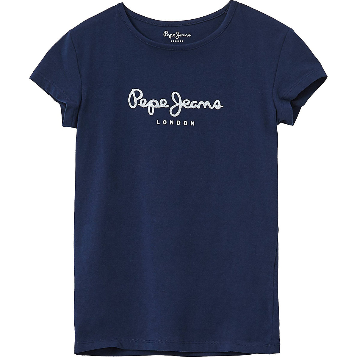 Pepe Jeans Mädchen T-Shirt HANA GLITTER Baumwolle Rundhals Kurzarm Glitzer Logo einfarbig T-Shirts für Mädchen dunkelblau