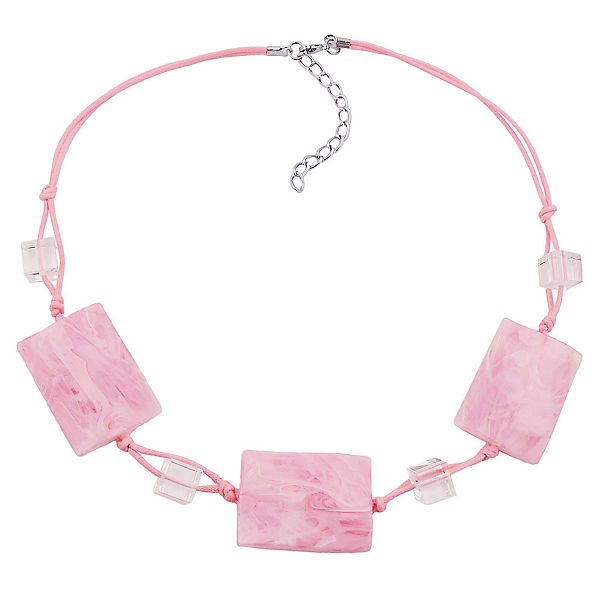 Kette 3x 35x25mm-Viereck gewellt rosa-marmoriert Kordel 45cm Halsketten