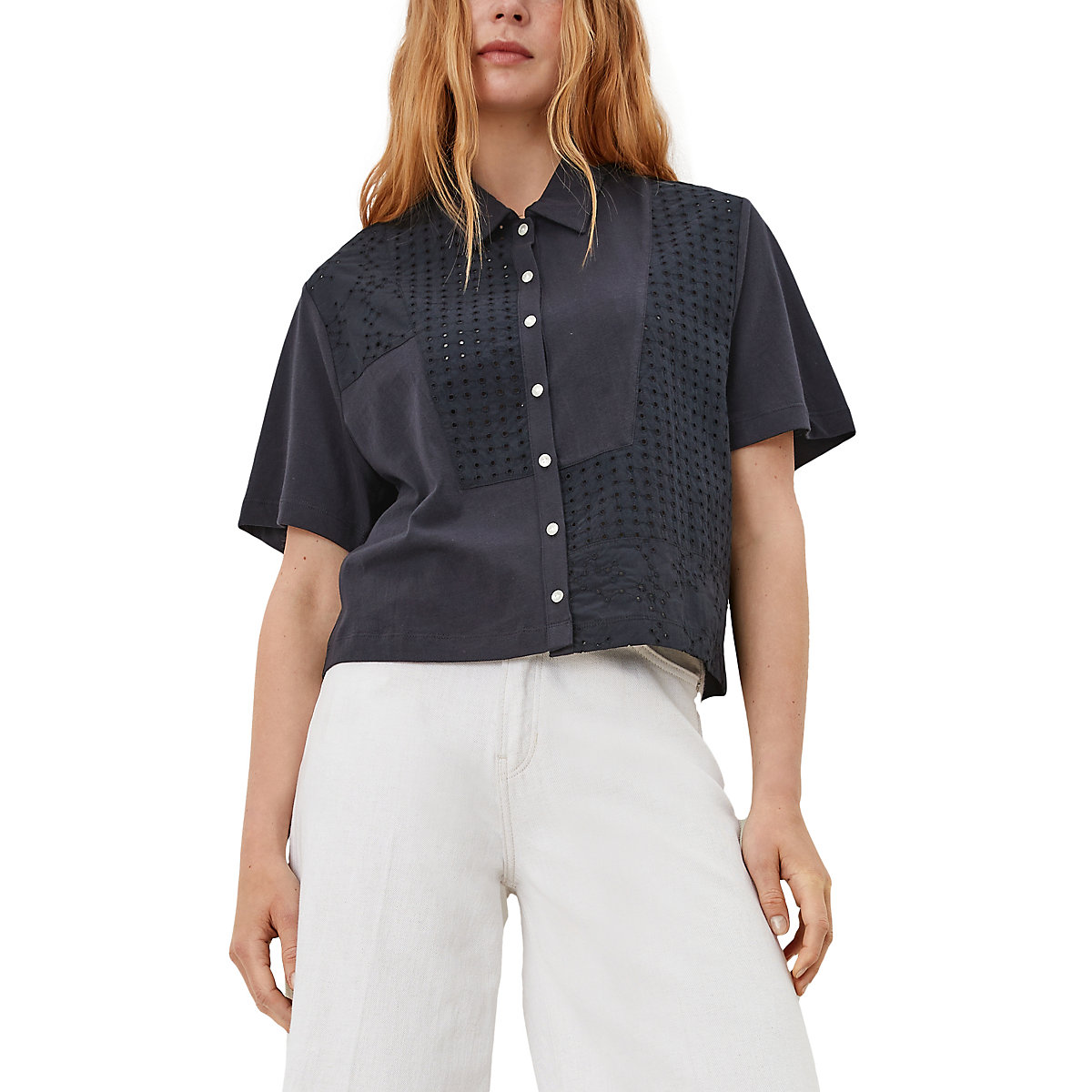 s.Oliver Blusenshirt mit Broderie Anglaise T-Shirts blau