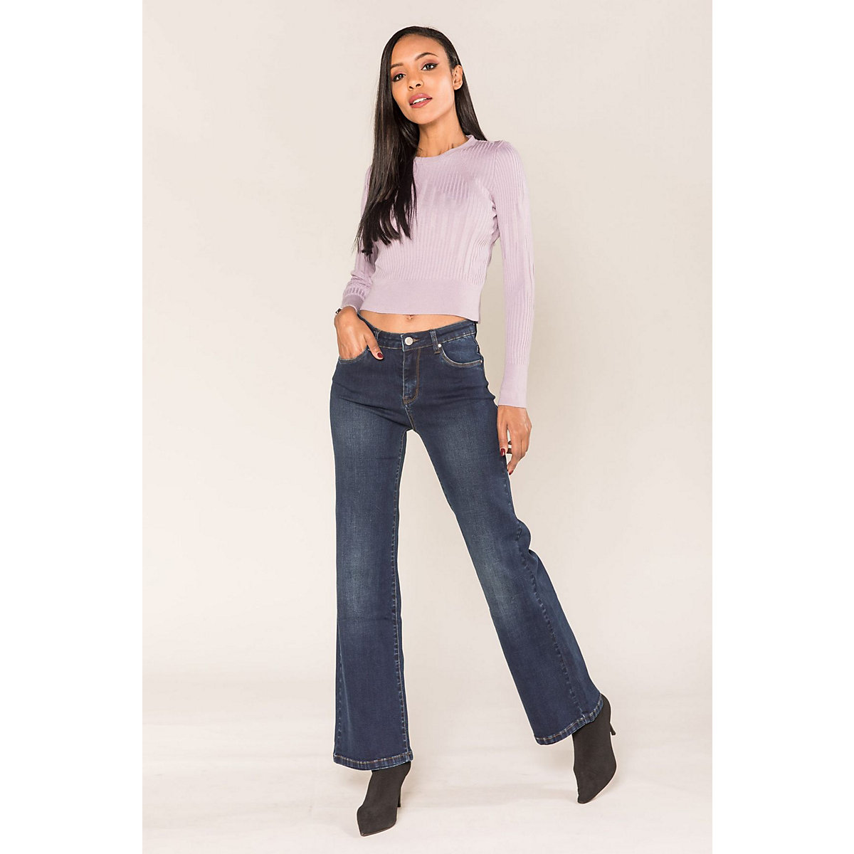 Nina Carter® High Waist Skinny Flare Jeans Retro Schlag Hose Vintage dunkelblau
