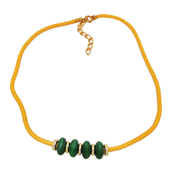 Accessoires Halsketten GALLAY Kette 4 Holzperlen dunkelgrün Kordel gelb 42cm Halsketten gelb/grün