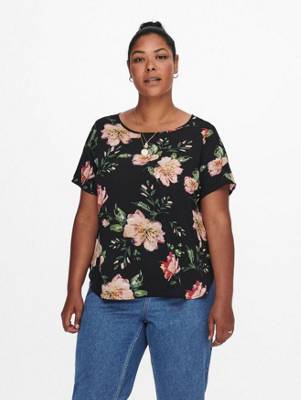 ONLY CARMAKOMA Kurzarm Design Bluse Plus Size Curvy Shirt CARVICA Übergröße schwarz/pink