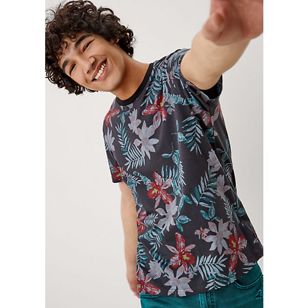 Bekleidung T-Shirts QS by s.Oliver T-Shirt mit floralem Allover-Print T-Shirts schwarz