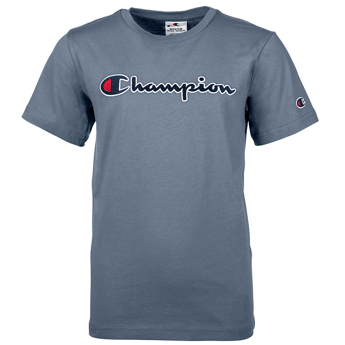 Champion Kinder Unisex T-Shirt Oberteil Rundhals Baumwolle Logo einfarbig T-Shirts für Kinder blau