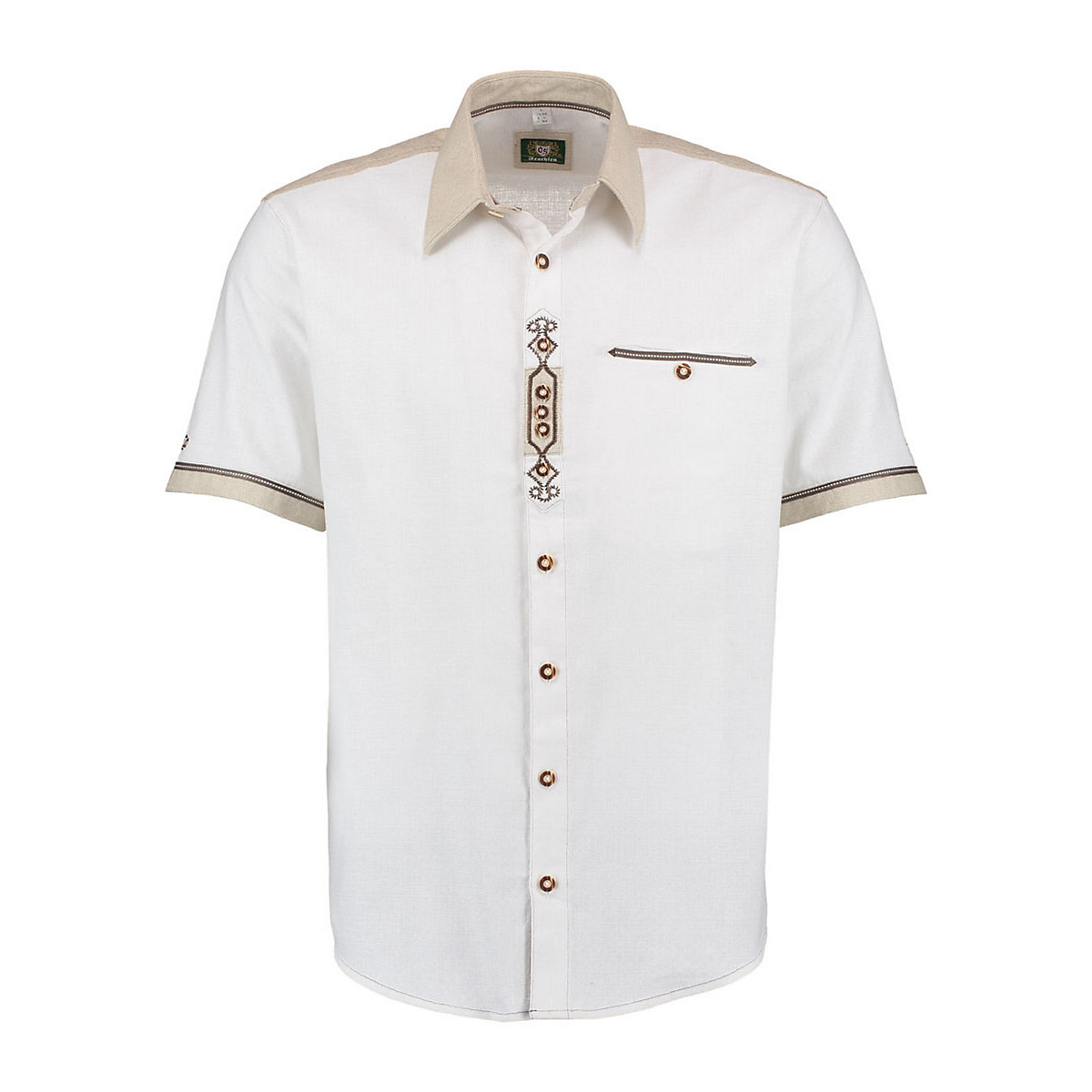 OS Trachten Herren Kurzarm Trachtenhemd mit Paspeltasche Stickerei auf der Knopfleiste Wimmidu weiß