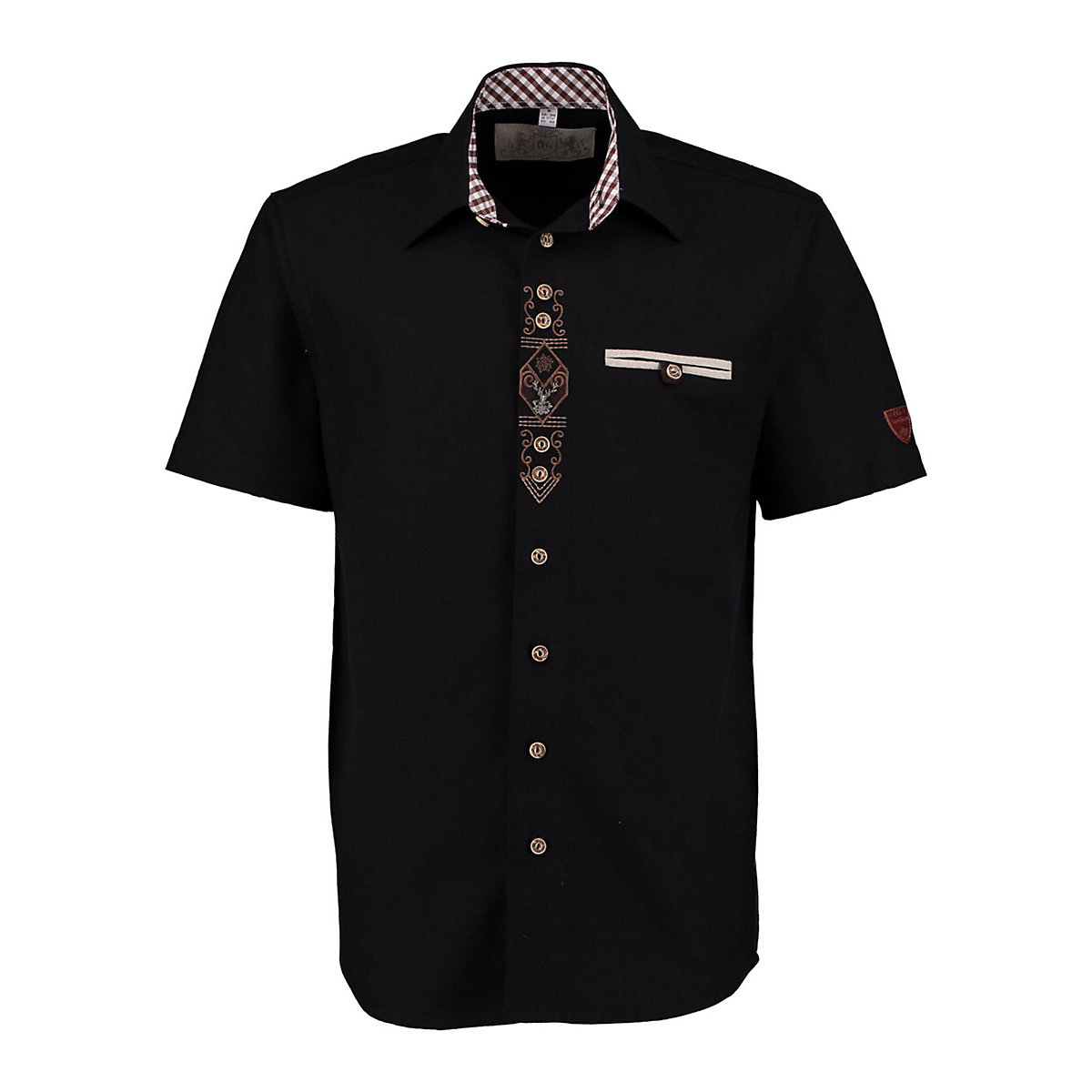 OS Trachten Herren Kurzarm Trachtenhemd mit Edelweiß-Stickerei auf der Knopfleiste Amima schwarz