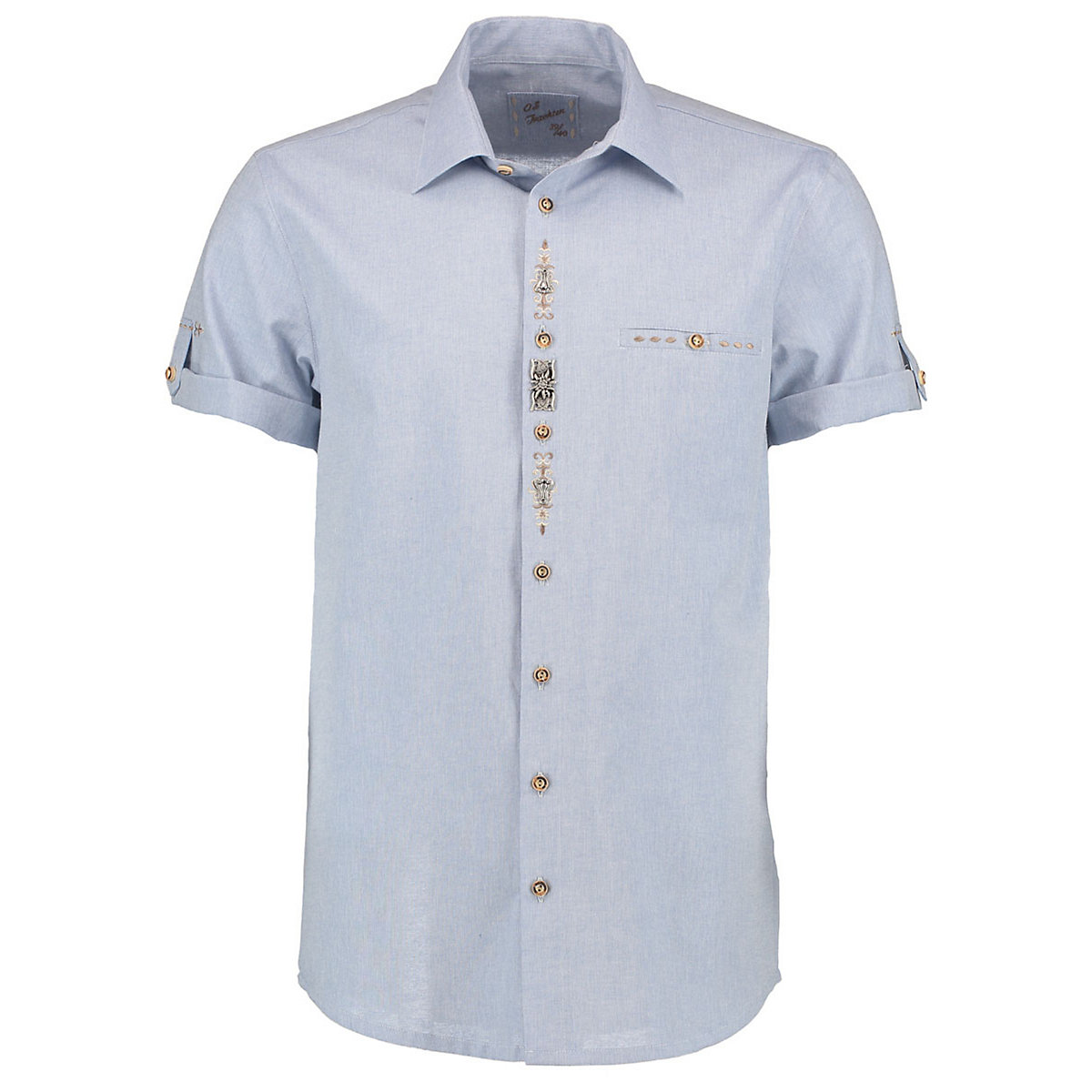 OS Trachten Herren Kurzarm Trachtenhemd mit Edelweiß-Zierteil auf der Knopfleiste Flino blau