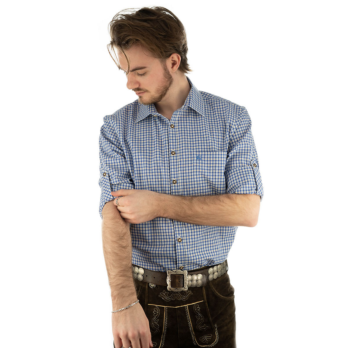 OS Trachten Herren Langarm Trachtenhemd mit Krempelärmeln und Hirsch-Stickerei auf der Brusttasche Vakas blau