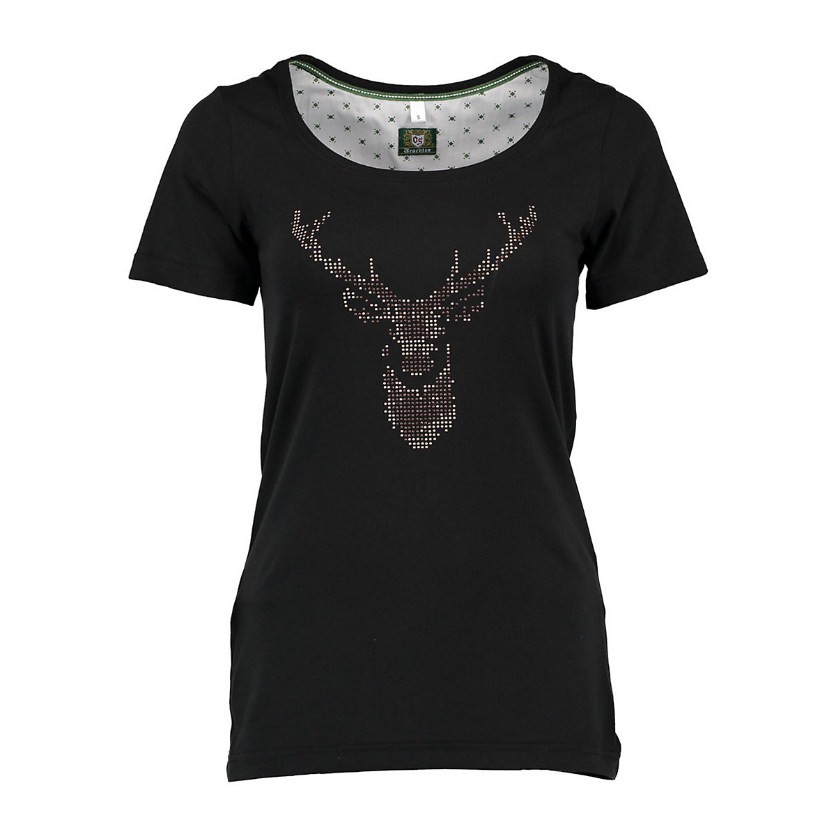 OS Trachten Damen Kurzarm Trachten T-Shirt mit Strass-Hirsch auf der Brust Uginoy schwarz