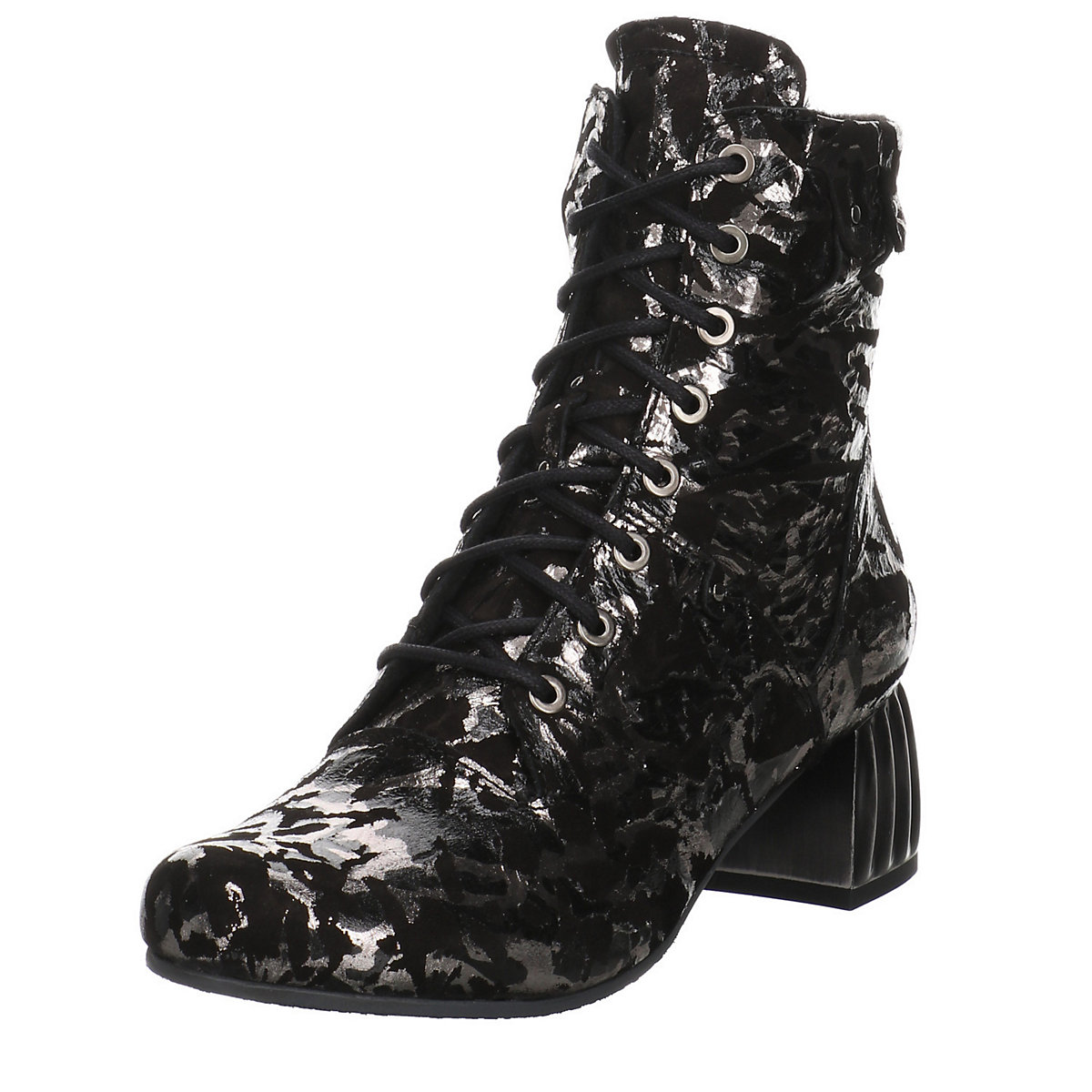 SIMEN Damen Stiefeletten Schuhe Stiefelette Elegant Freizeit Veloursleder bedruckt Schnürstiefeletten schwarz