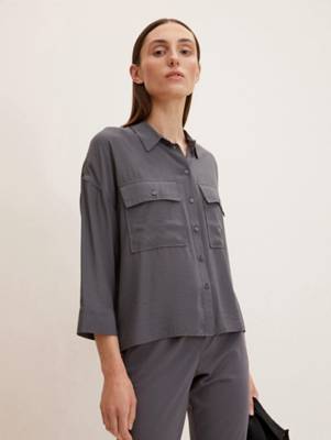 TOM TAILOR Blusen & Shirts Hemdbluse mit aufgesetzten Taschen Langarmblusen grau