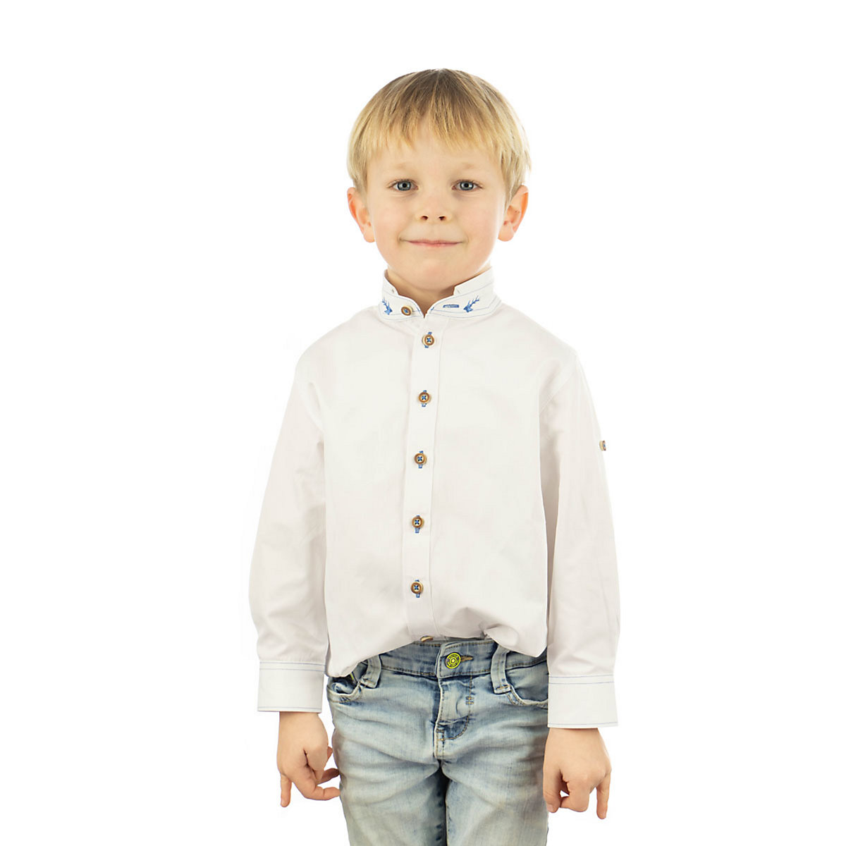 OS Trachten Kinder Jungen Langarm Trachtenhemd mit Hirsch-Stickereien auf dem Stehkragen Ojune für Jungen weiß