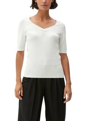 s.Oliver BLACK LABEL Kurzarmpullover mit Herzausschnitt Pullover creme