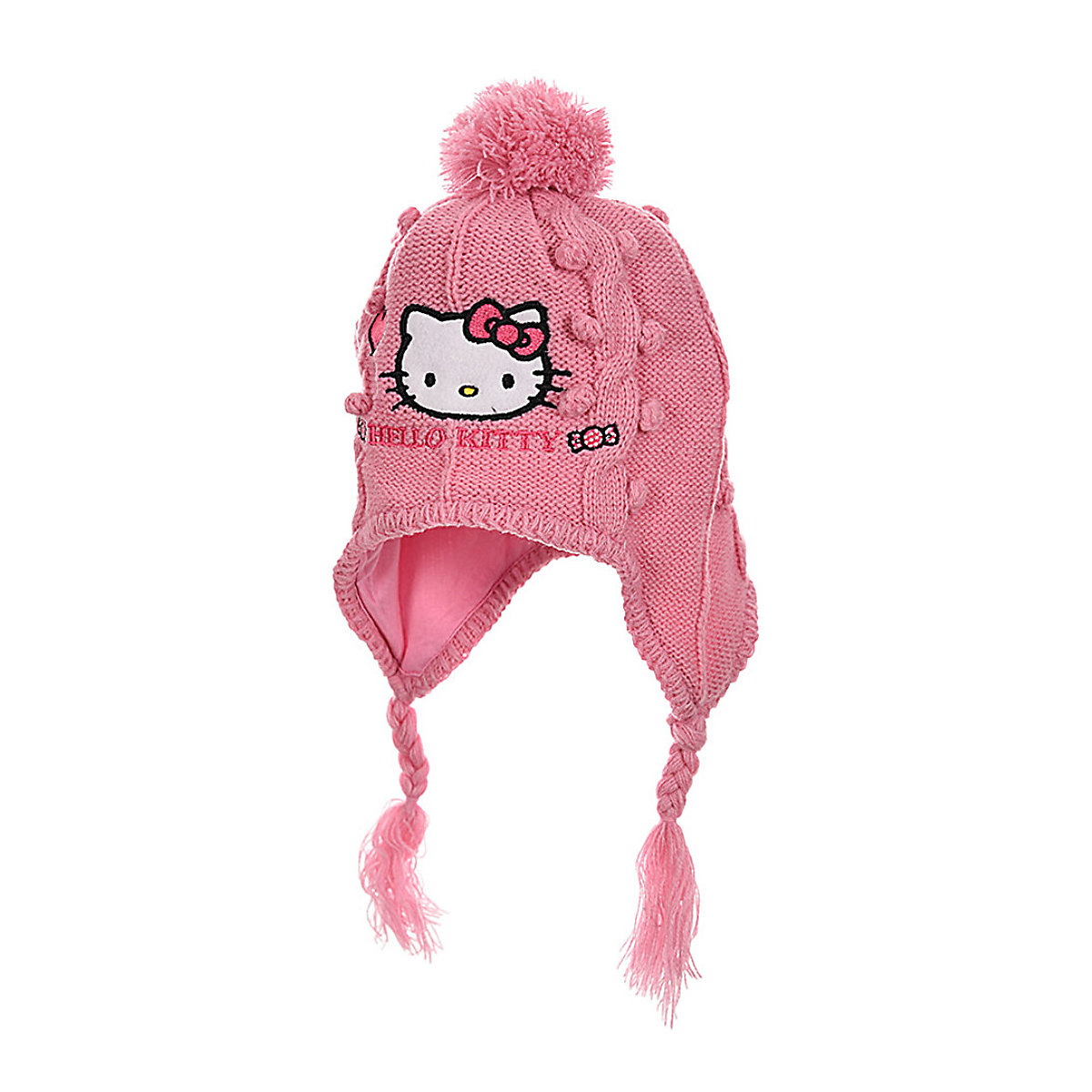 Hello Kitty Mütze gestrickt mit Zöpfen rosa
