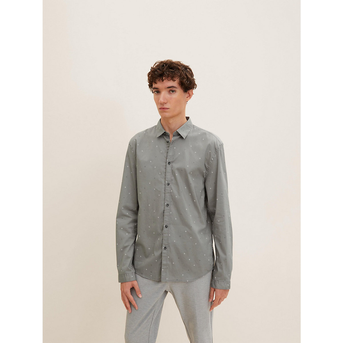 TOM TAILOR Denim Blusen & Shirts Slim Fit Hemd mit Printmuster Langarmhemden grau