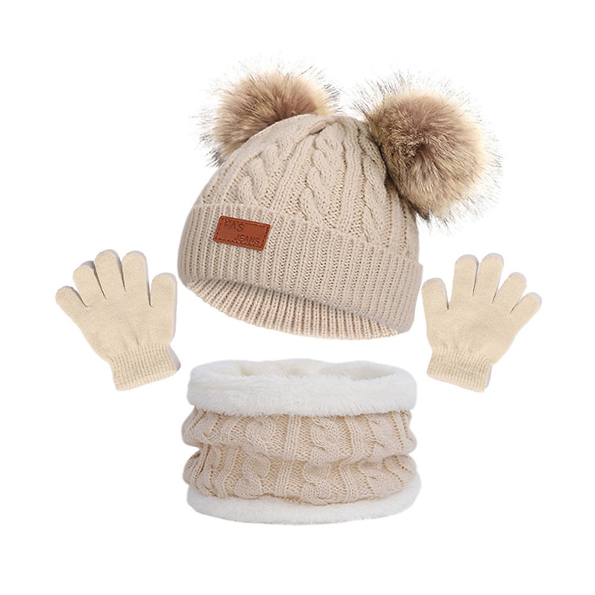 Vetaka Wintermütze Schal Handschuhe Set für Kinder beige