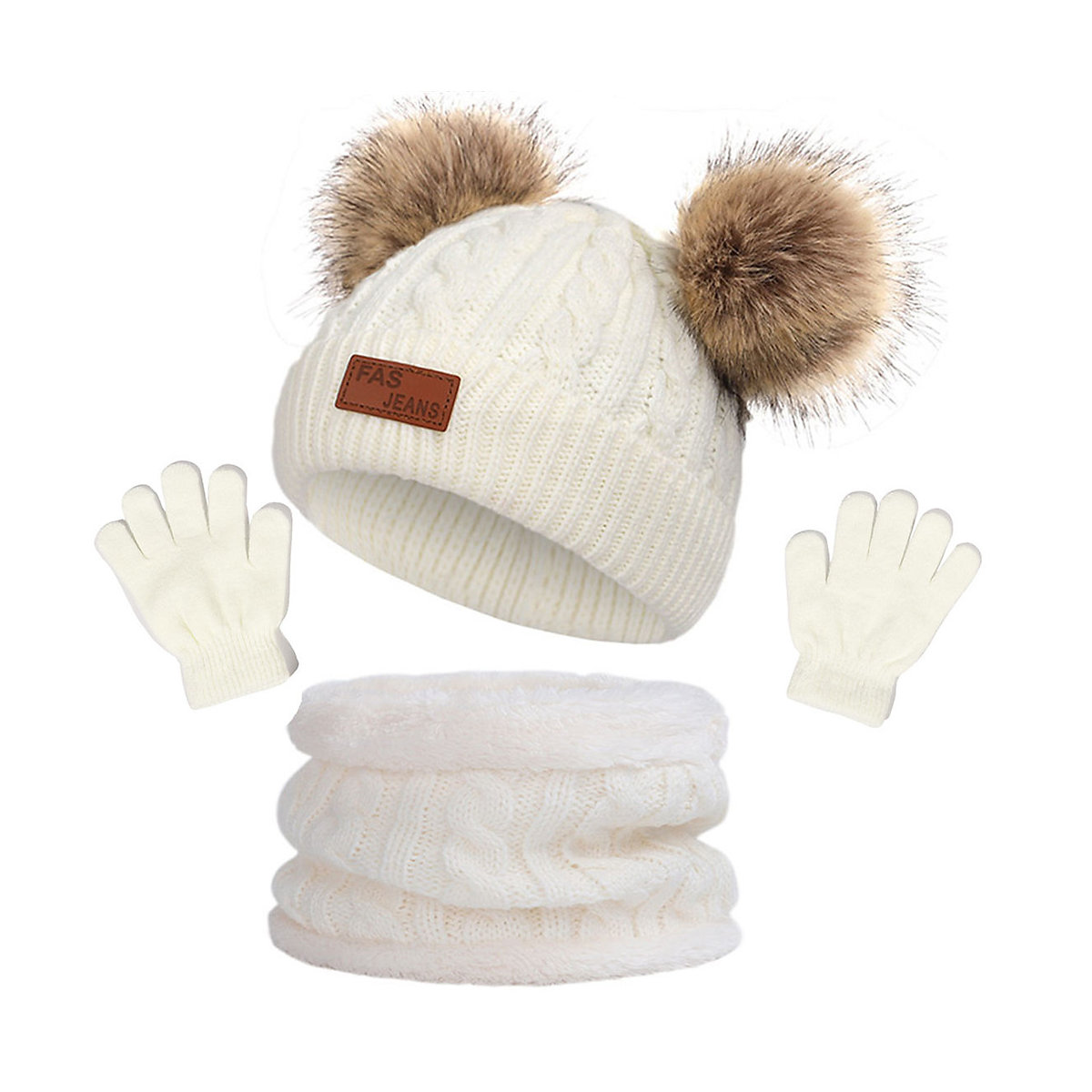 Vetaka Wintermütze Schal Handschuhe Set für Kinder weiß