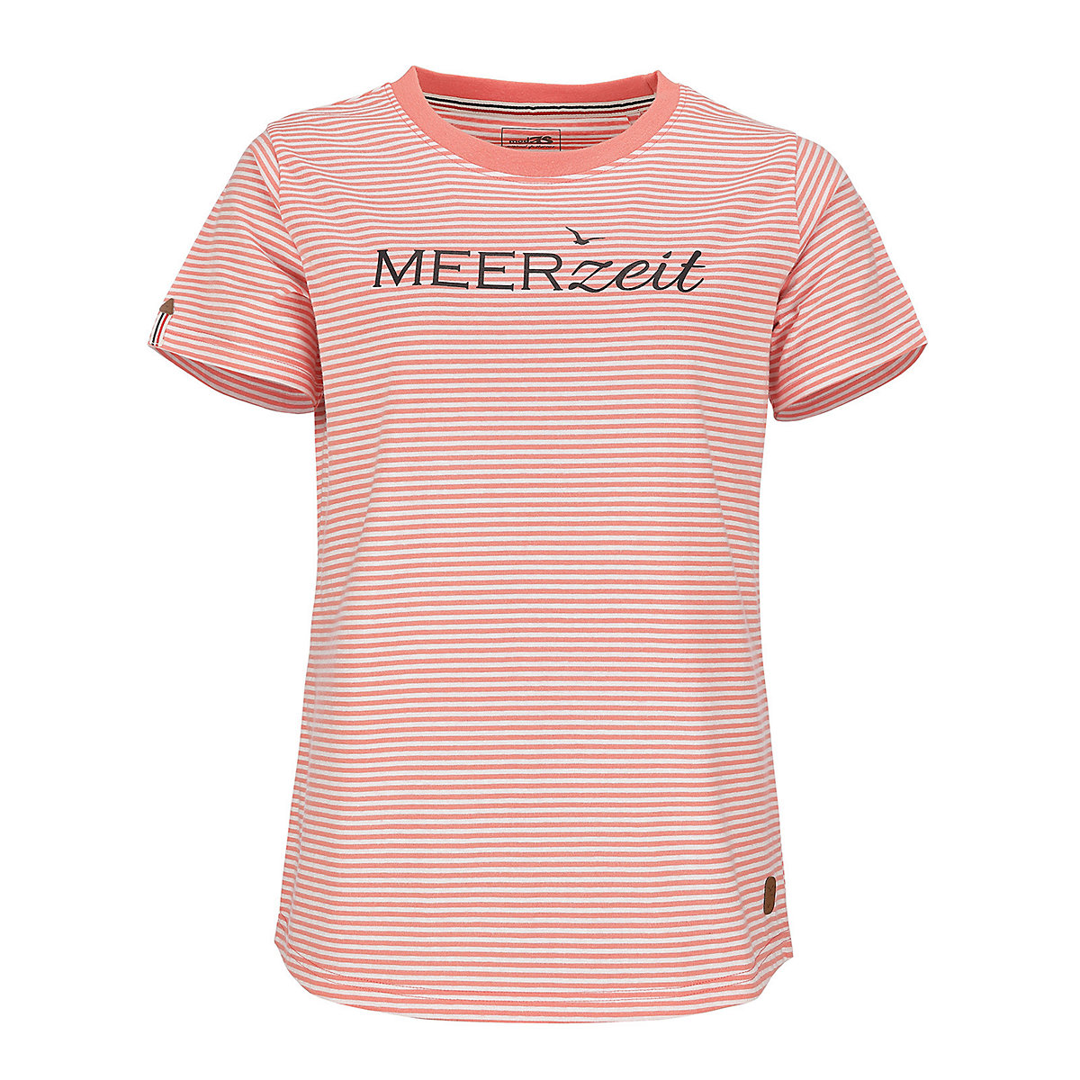 modAS T-Shirt mit Streifen & Aufdruck Meerzeit Kurzarm-Shirt mit Rundhalsausschnitt (42) koralle / weiß orange/weiß