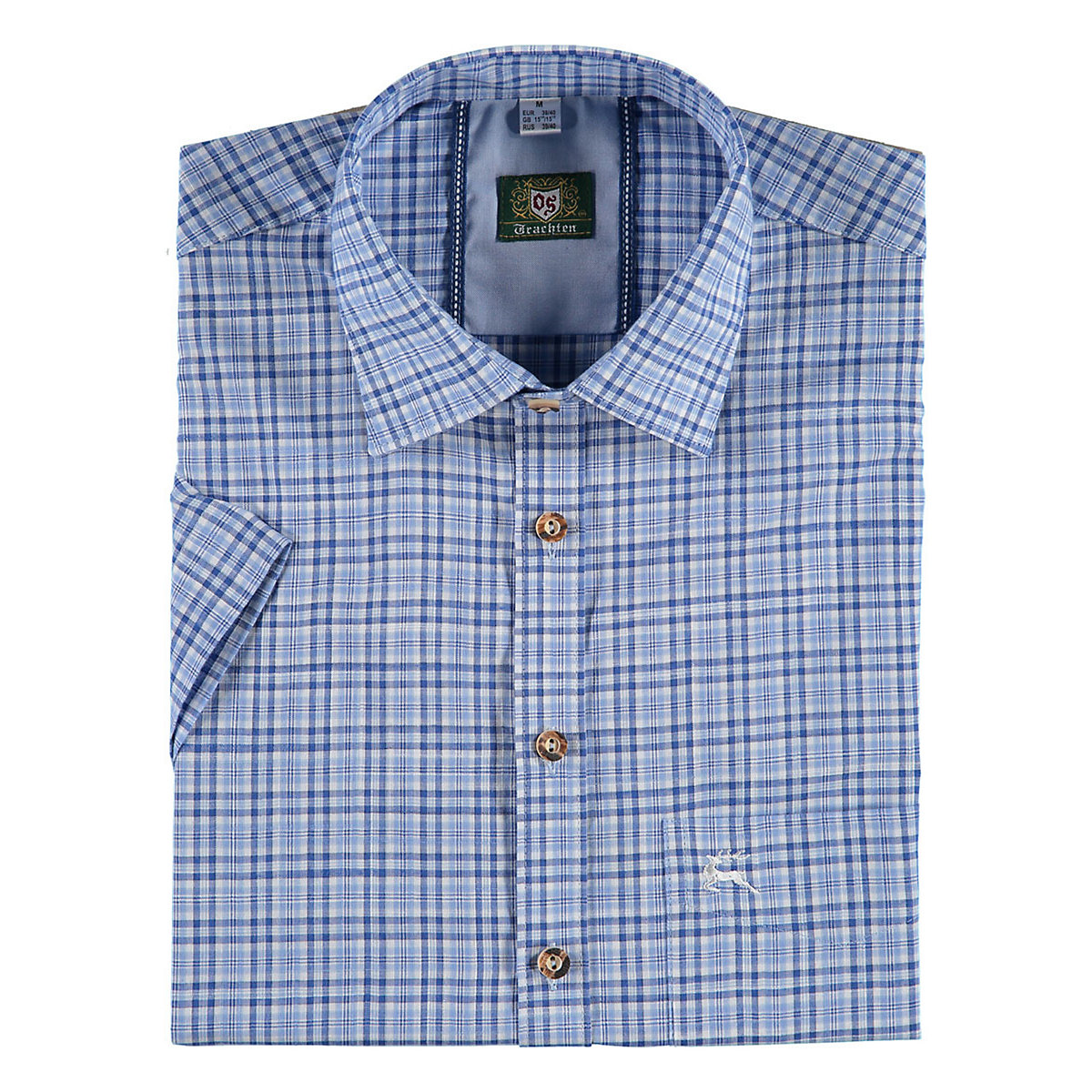 OS Trachten Herren Kurzarm Trachtenhemd mit Hirsch-Stickerei auf der Brusttasche Gudio blau