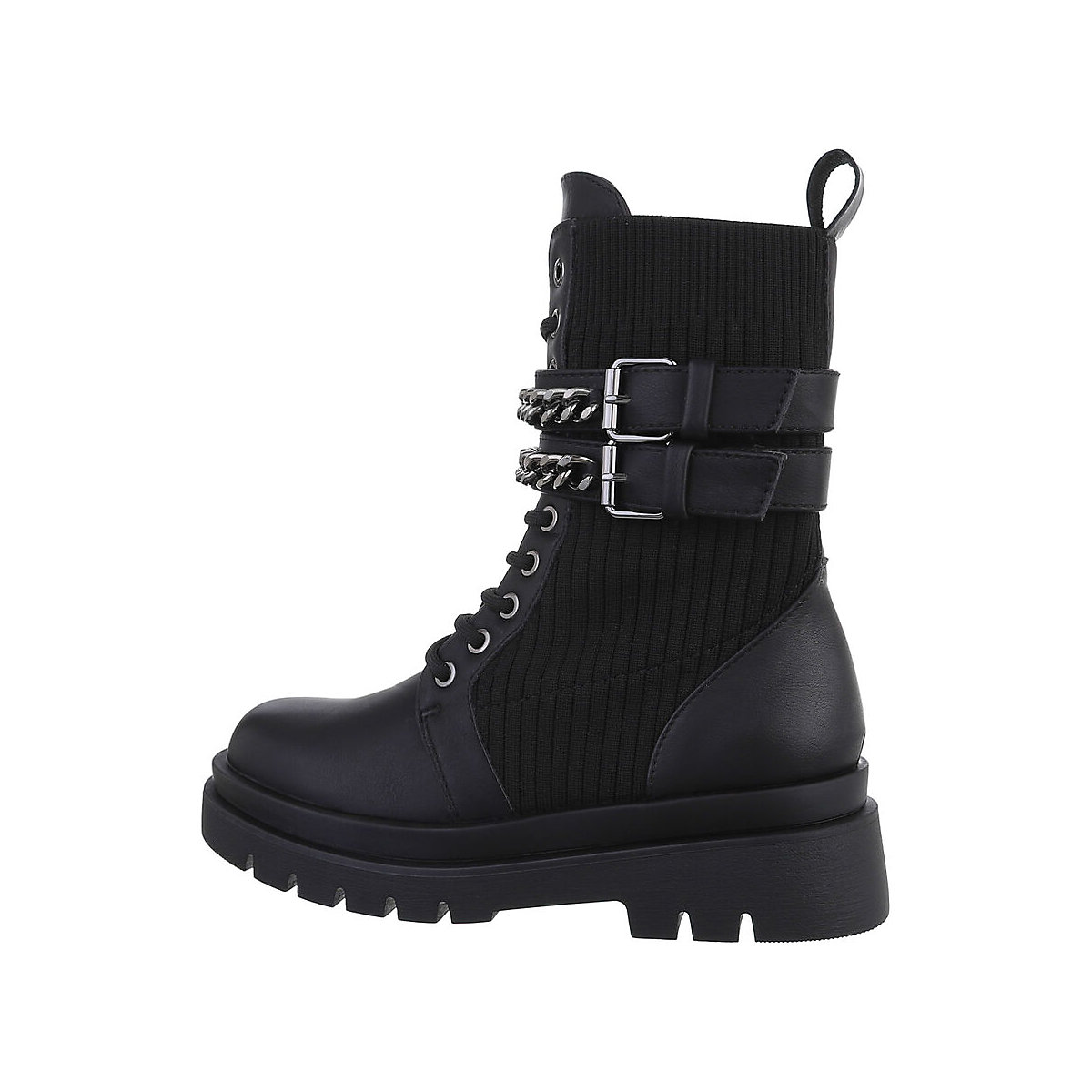 Ital-Design Schnürstiefeletten Schnalle Blockabsatz Dekoschnallen Kette schwarz Ital-Design Schnürstiefeletten Schnalle Blockabsatz Dekoschnallen Kette schwarz