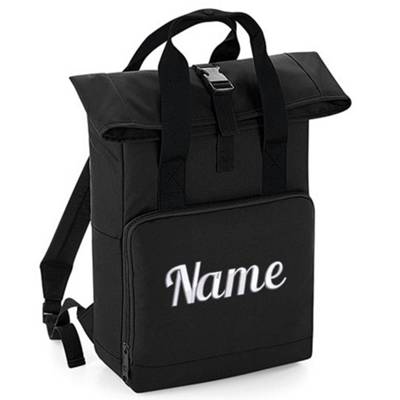 elefantasie Rucksack mit Name bestickt 14 Liter Rolltop recycelt schwarz