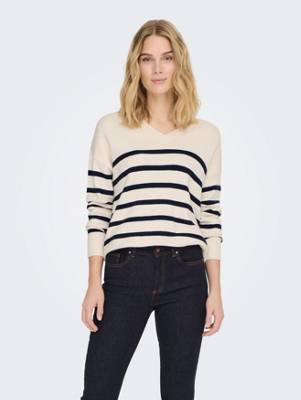 Jacqueline de Yong Gestreifter Feinstrick Pullover V-Neck Langarm Sweater JDYMARCO weiß