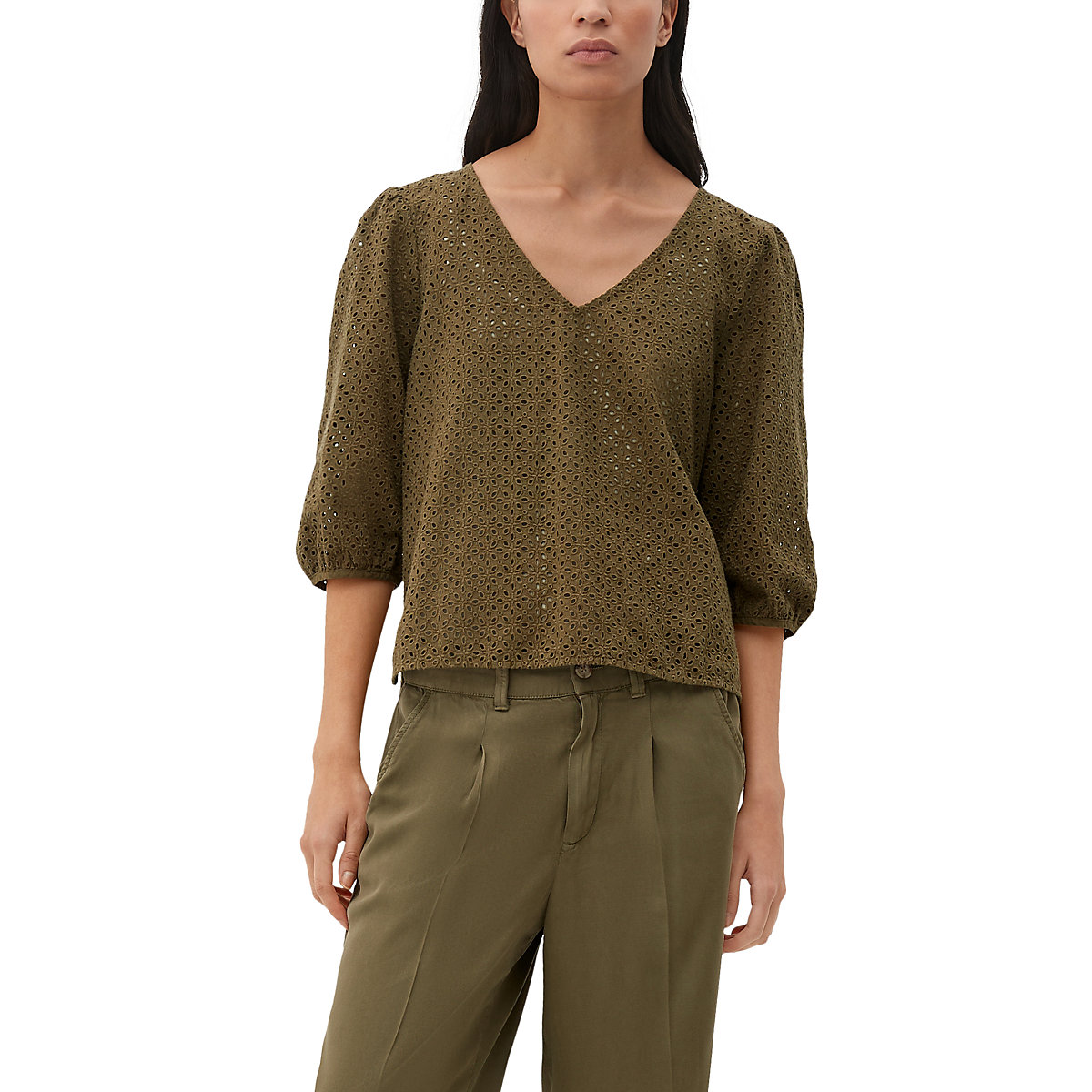 s.Oliver Bluse aus Broderie Anglaise 3/4-Arm-Blusen olive