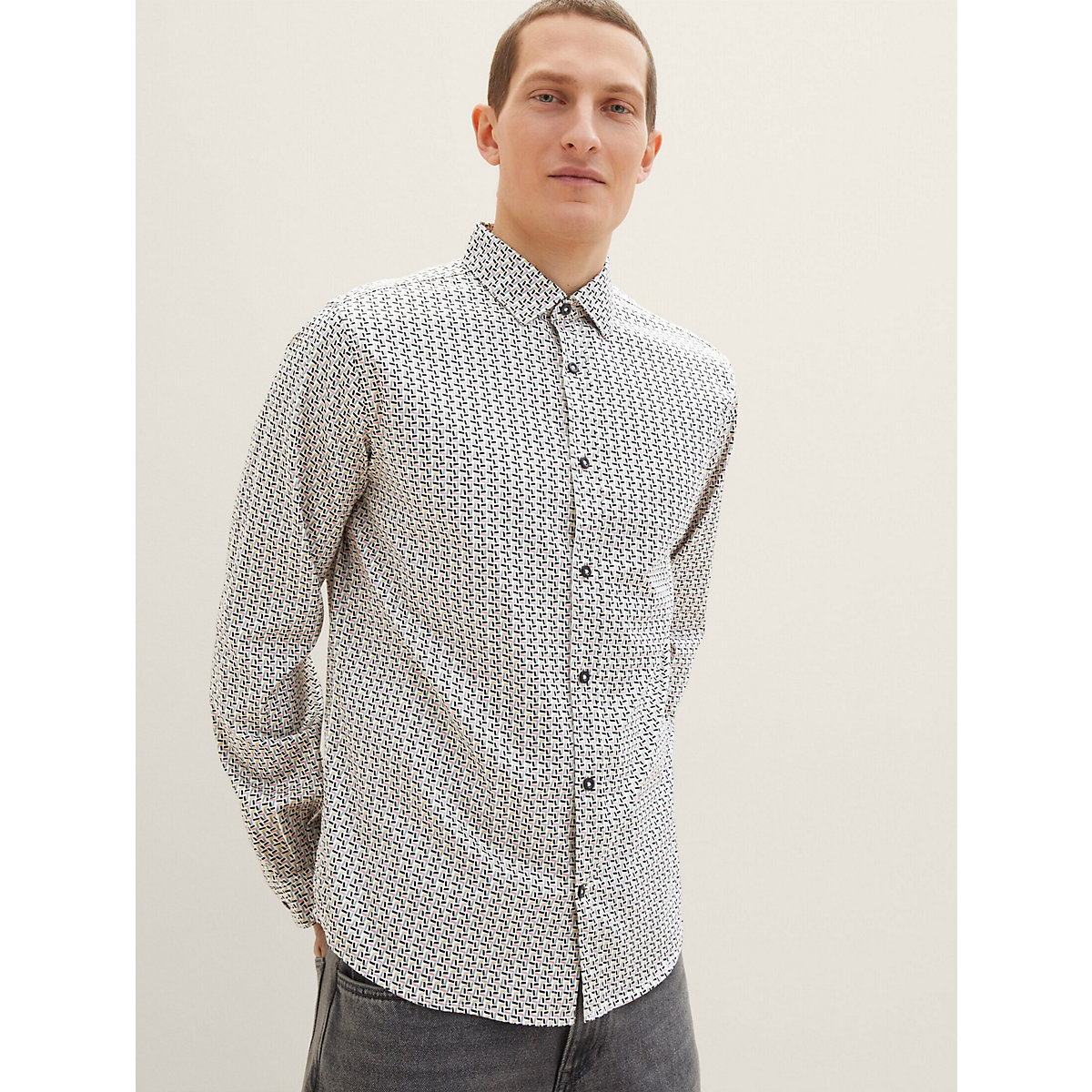 TOM TAILOR Blusen & Shirts Hemd mit Allover-Print  Langarmhemden offwhite