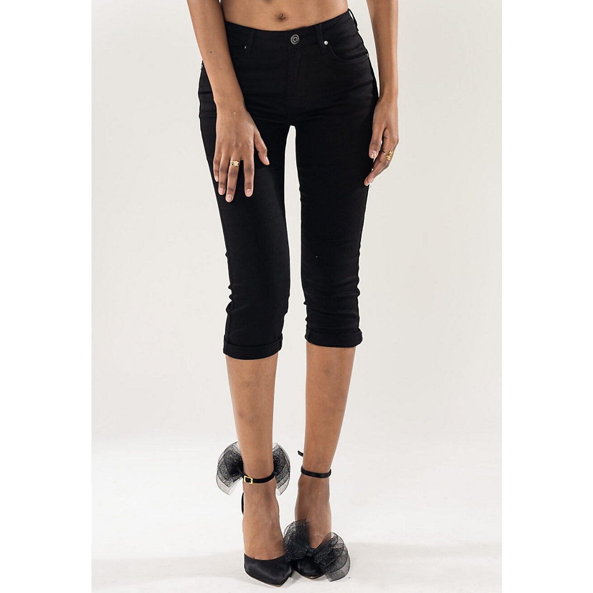 Nina Carter® Capri Jeans Shorts Stretch Skinny 3/4 Bermuda Kurze Hose Weich schwarz