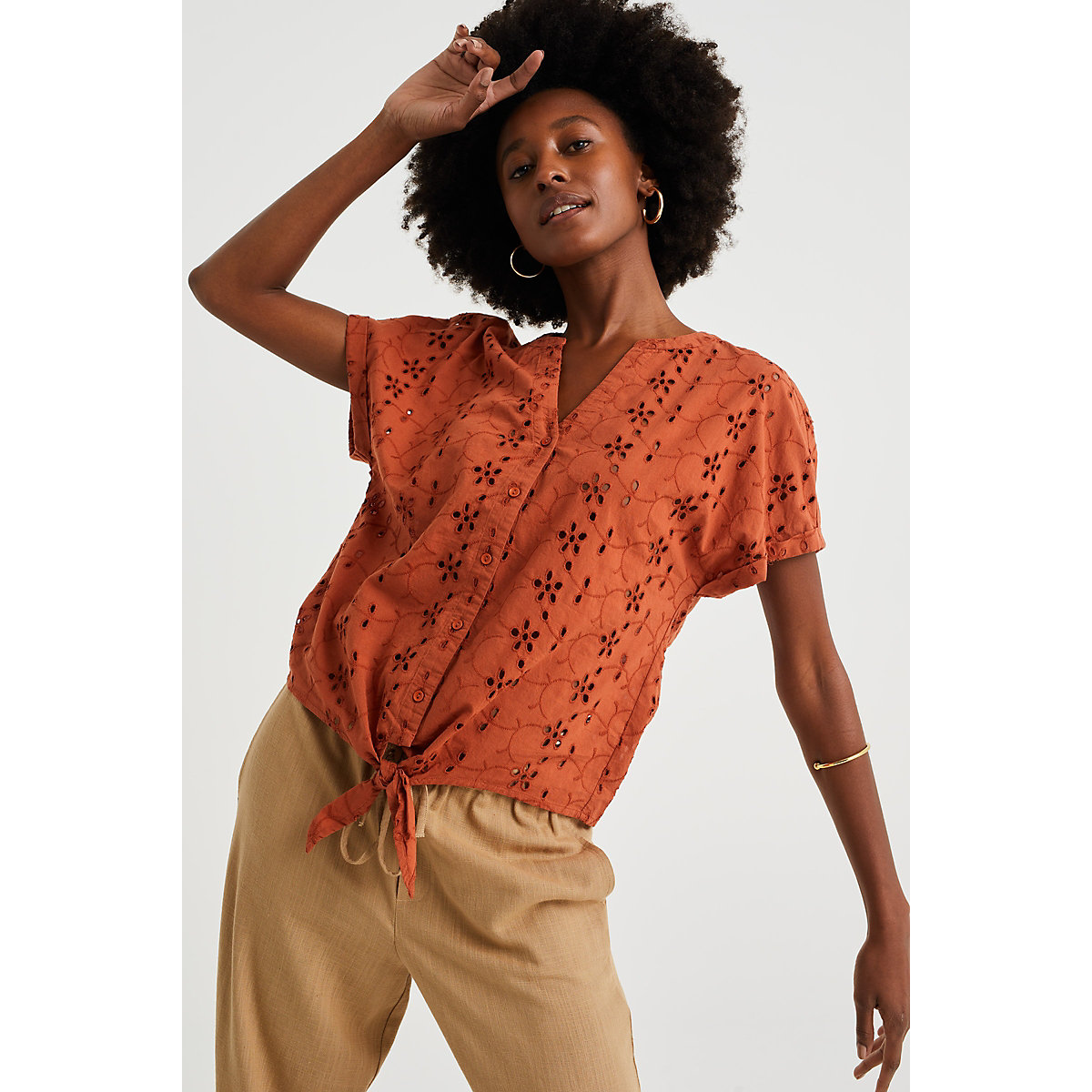 WE Fashion Damenbluse mit Lochstickerei Blusentops braun WE Fashion Damenbluse mit Lochstickerei Blusentops braun