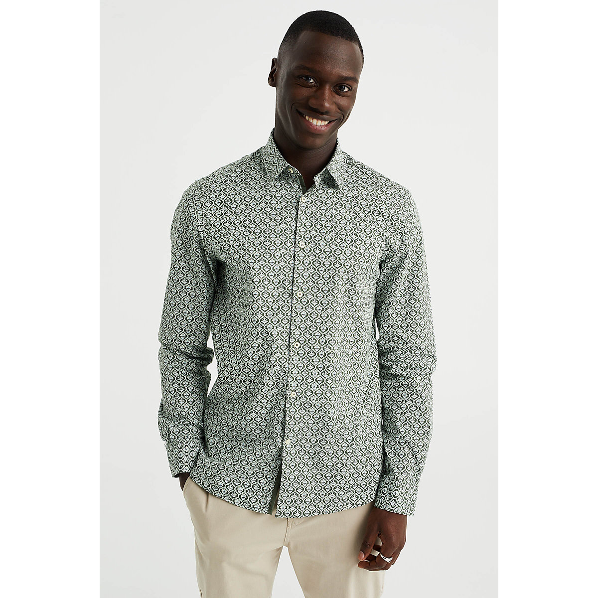 WE Fashion Herren-Slim-Fit-Hemd mit Muster Langarmhemden grün