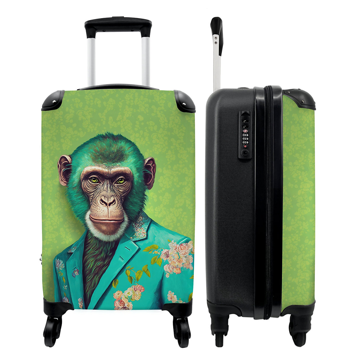 NoBoringSuitcases Kinderkoffer Trolley handgepäck Affe Colbert Blumen Neon Porträt mehrfarbig Modell 1
