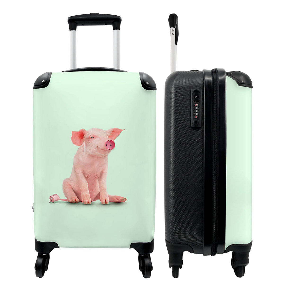 NoBoringSuitcases Kinderkoffer Trolley Reisekoffer Schwein rosa Sockel Tiere mehrfarbig Modell 1