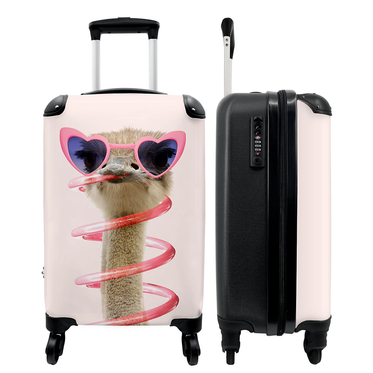 NoBoringSuitcases Kinderkoffer Reisekoffer handgepäck Strauß Sonnenbrille rosa Tiere mehrfarbig Modell 1