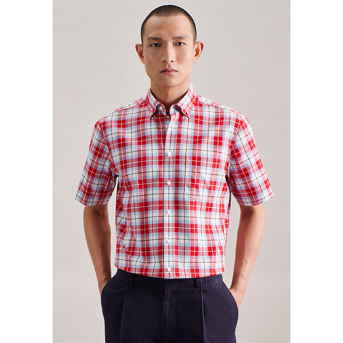 seidensticker Business Hemd Regular Kurzarm Button-Down-Kragen Karo Kurzarmhemden rot
