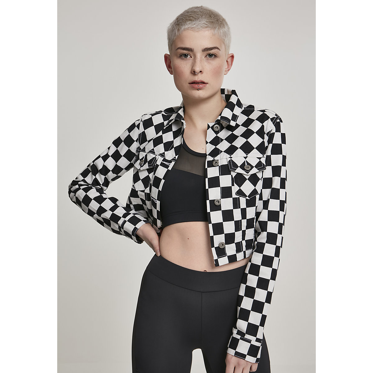 Urban Classics Ladies Short Check Twill Jacket Übergangsjacken schwarz/weiß