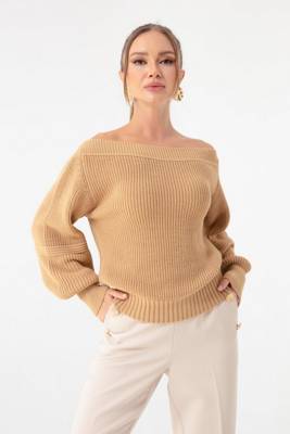 mamino Damen Strickpullover mit U-Boot-Ausschnitt Kapuzenpullover braun