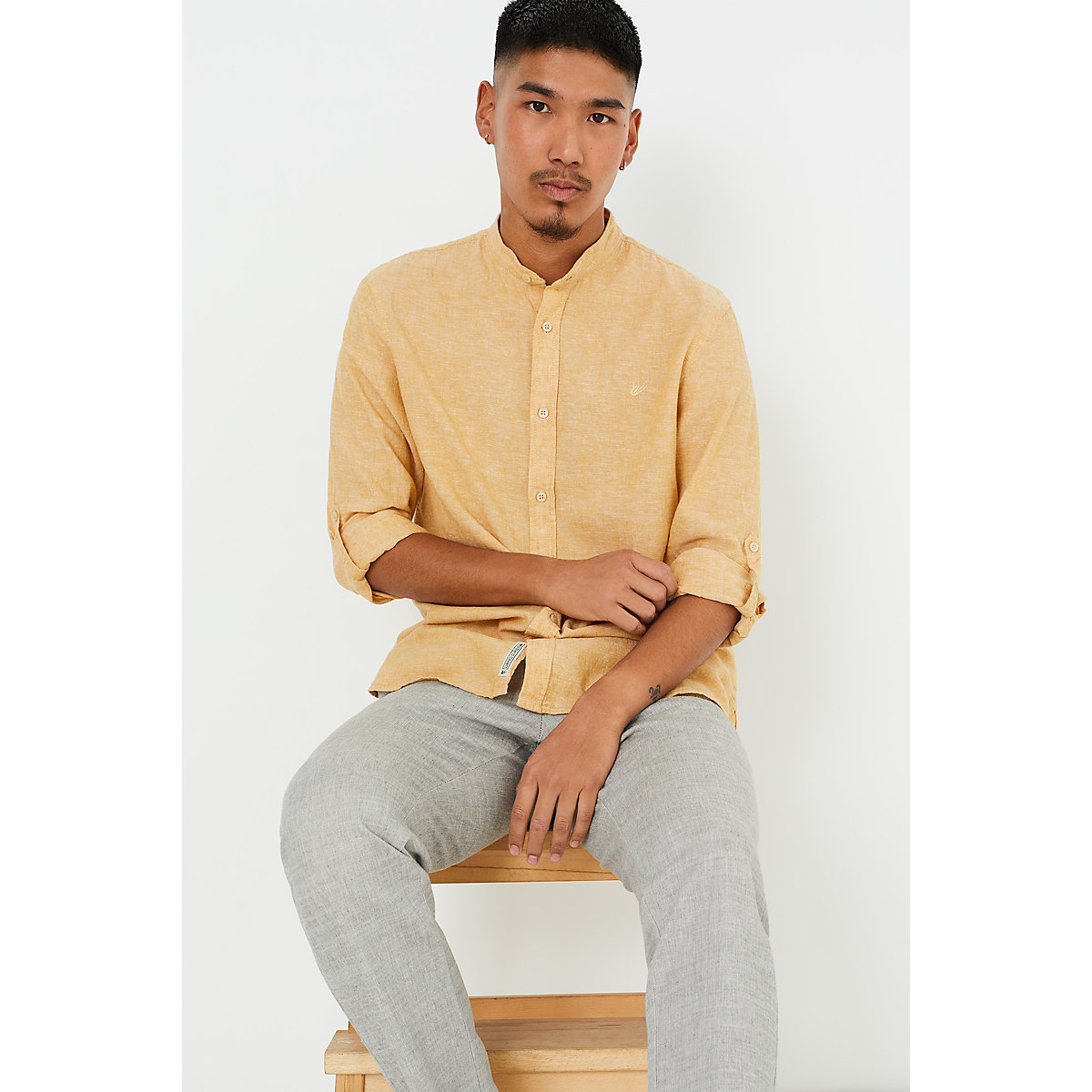 WE Fashion Herren-Slim-Fit-Hemd aus Leinen-Mix Langarmhemden gelb