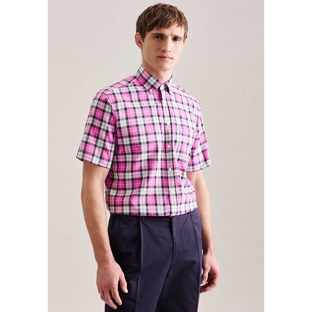 seidensticker Business Hemd Regular Kurzarm Button-Down-Kragen Karo Kurzarmhemden rosa/pink