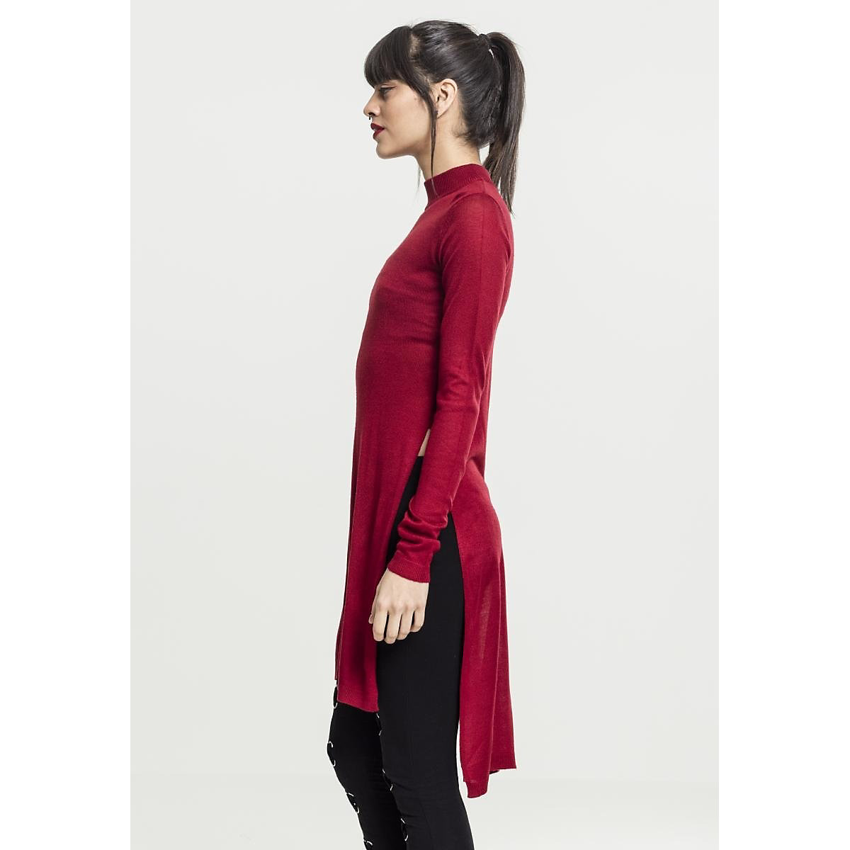 Urban Classics Female Shirt Ladies Fine Knit Turtleneck Long Shirt Burgundy rot