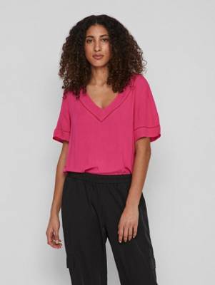 VILA V-Neck Top mit gestrickten Details VIMESA pink-kombi