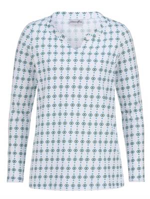 Tunika Kontrastverarbeitung langarm grafisch Figurnah blickdicht Baumwolle Kurzarmblusen